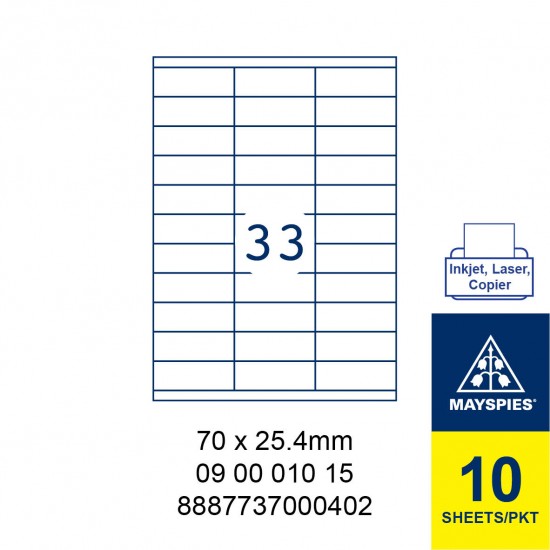 MAYSPIES 09 00 010 15 LABEL FOR INKJET / LASER / COPIER 10 SHEETS/PKT WHITE 70 X 25.4MM